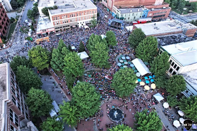 Spartanburg City Council on Monday agreed to a $260,000 contract with a Greenville firm to design a plan for Morgan Square. Shown is an aerial view from the recent Marshall Tucker Band concert at Morgan Square.