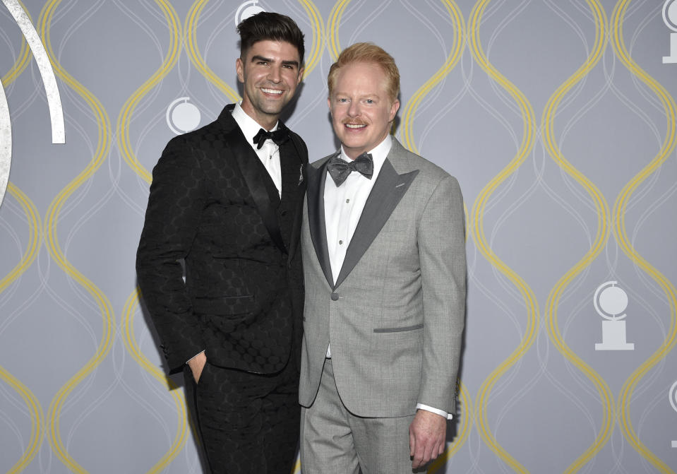 Jesse Tyler Ferguson, right, and Justin Mikita arrive at the 75th annual Tony Awards on Sunday, June 12, 2022, at Radio City Music Hall in New York. (Photo by Evan Agostini/Invision/AP)
