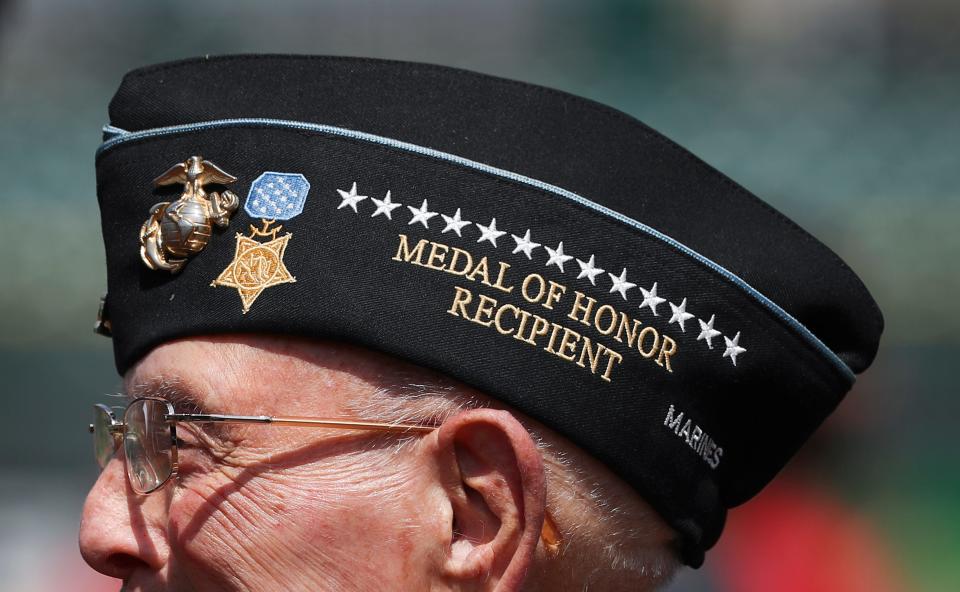 WWII Medal of Honor recipient Hershel "Woody" Williams, 97, was honored on Military Appreciation Day before the Bats hosted the Gwinnett Stripers at Slugger Field in Louisville, Ky. on Aug. 22 2021.  Williams is the last living WWII Medal of Honor recipient.