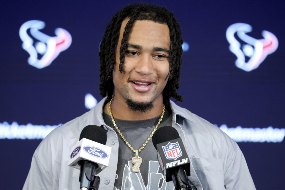 Houston Texans quarterback C.J. Stroud speaks to the media after the team's win over the Pittsburgh Steelers in an NFL football game, Sunday, Oct. 1, 2023, in Houston. (AP Photo/Eric Christian Smith)