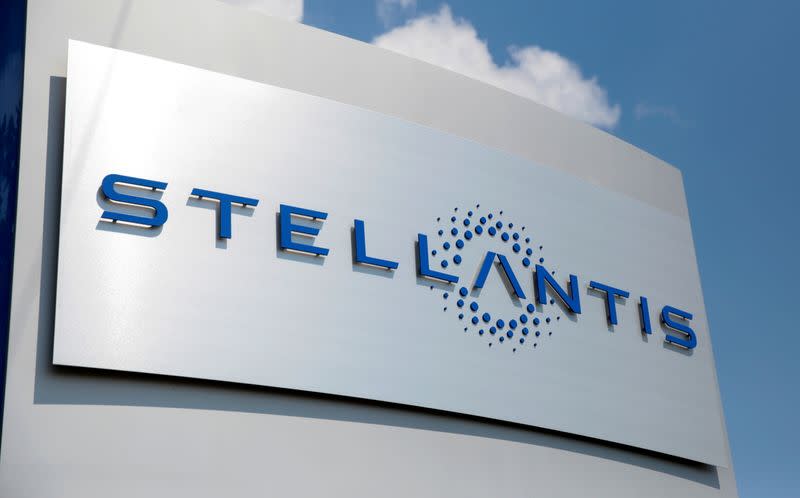 FILE PHOTO: A Stellantis sign is seen outside company headquarters in Auburn Hills,