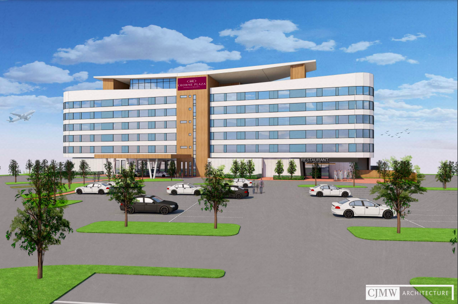 A rendering of the front of a Crowne Plaza brand hotel planned for the Wilmington International Airport.