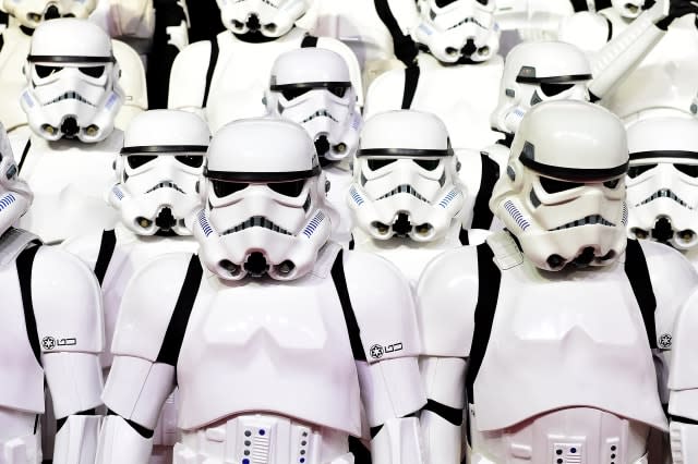 Stormtroopers attending the Star Wars: The Force Awakens European Premiere held in Leicester Square, London. PRESS ASSOCIATION Photo. See PA story SHOWBIZ StarWars. Picture date: Wednesday December 16, 2015.