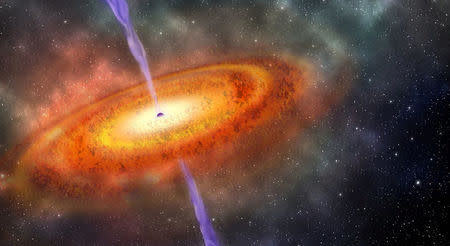 Artist's conception of the most-distant supermassive black hole ever discovered, which is part of a quasar from just 690 million years after the Big Bang is shown in this illustration released on December 6, 2017. Courtesy Robin Dienel/Carnegie Institution for Science/Handout via REUTERS