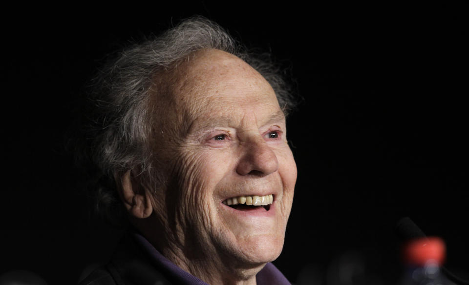 FILE - Actor Jean-Louis Trintignant speaks during a press conference for Love at the 65th international film festival, in Cannes, southern France, Sunday, May 20, 2012. French film legend and amateur racecar driver Jean-Louis Trintignant, who earned acclaim for the Oscar-winning "A Man and a Woman" a half a century ago and went on to portray the brutality of aging in his later years, has died at 91. (AP Photo/Francois Mori, File)