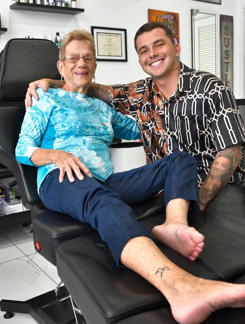 Last April, Judi Batchelor got a small bird tattoo on her legabove the ankle in honor of a loved one. She plans to get more for her 85th birthday in April. She used Cash Combs Studio in the Sea Park Plaza in Satellite Beach. Cash Combs, seen here with her, who usually does much more elaborate tattoos, will add the new ones.