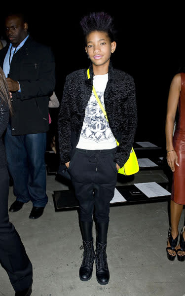 <b>Willow Smith </b><br><br>The teen star added a pop of colour to her monochrome look with a neon bag at the Narciso Rodriguez show.<br><br>Image © Rex