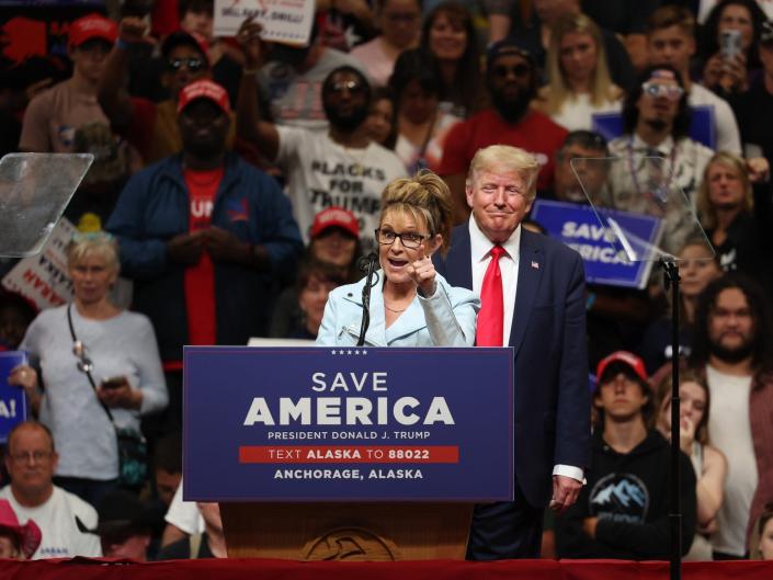 Former President Donald Trump campaigns for former Alaska Gov. Sarah Palin at a rally in Anchorage, Alaska on July 9, 2022.