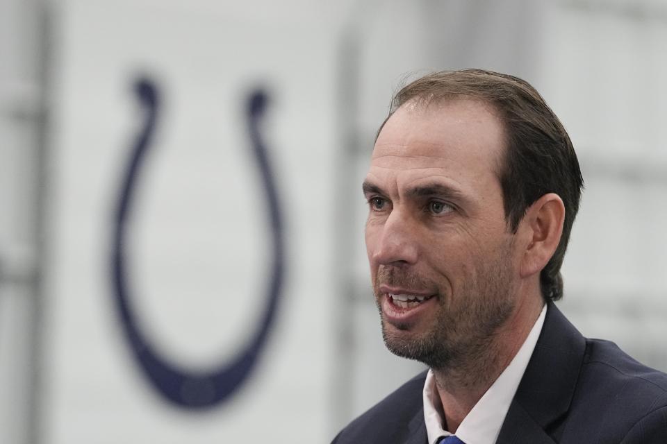 Indianapolis Colts new head coach Shane Steichen speaks during an interview following an NFL news conference, Tuesday, Feb. 14, 2023, in Indianapolis. (AP Photo/Darron Cummings)