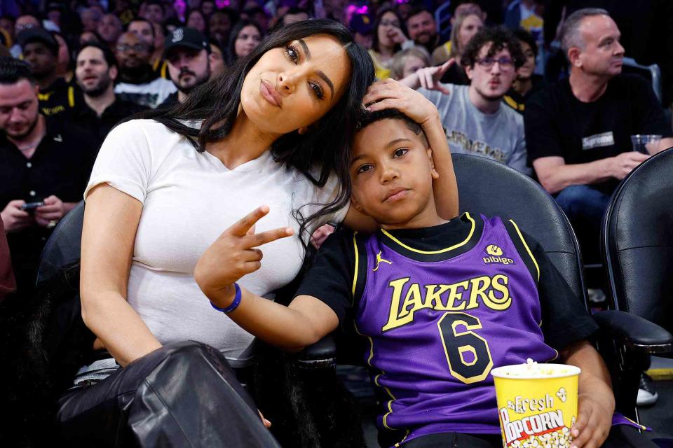 <p>Kevork Djansezian/Getty</p> Kim Kardashian and her son Saint West