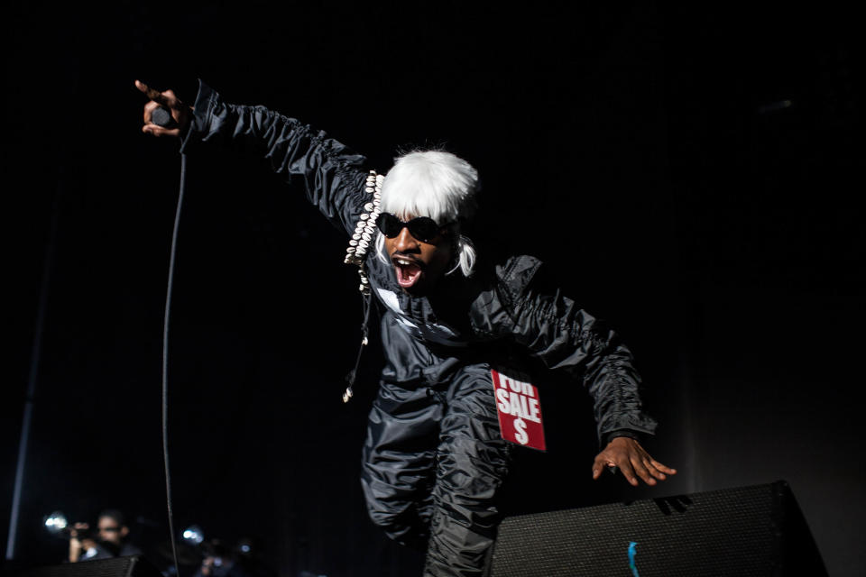 Andre 3000 of Outkast performs at Counterpoint 2014 Sunday, April 27, 2014, in Rome, Ga. (AP Photo/Branden Camp)