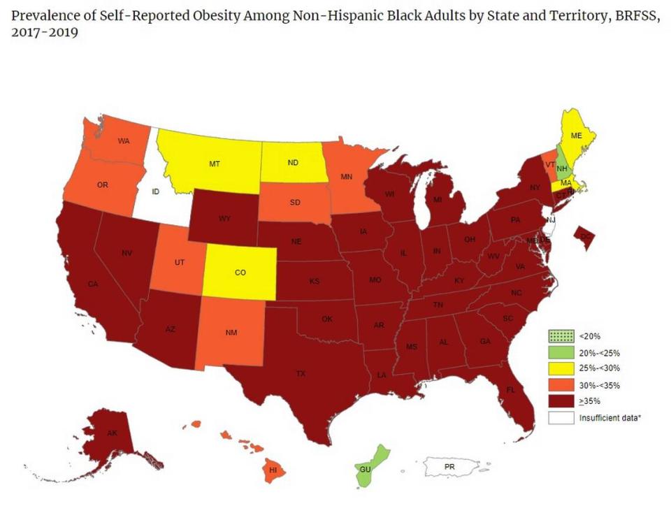 The 2019 CDC Adult Obesity Prevalence Maps report shows that among non-Hispanic Black adults, the majority of the country — 34 states and the District of Columbia — had an obesity prevalence of 35% percent or higher — including Florida.
