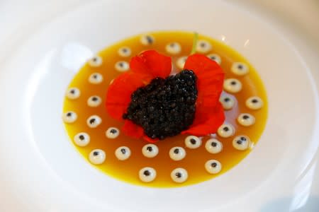 A plate prepared with Rova caviar is seen at the Marais restaurant in Antananarivo