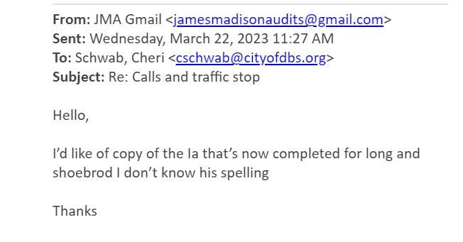 This email from Mark Dickinson, aka James Madison Audits, to Daytona Beach Shores City Clerk Cheri Schwab requests a copy of an internal affairs investigation into Lt. Michael Schoenbrod and Sgt. Jessica Long.