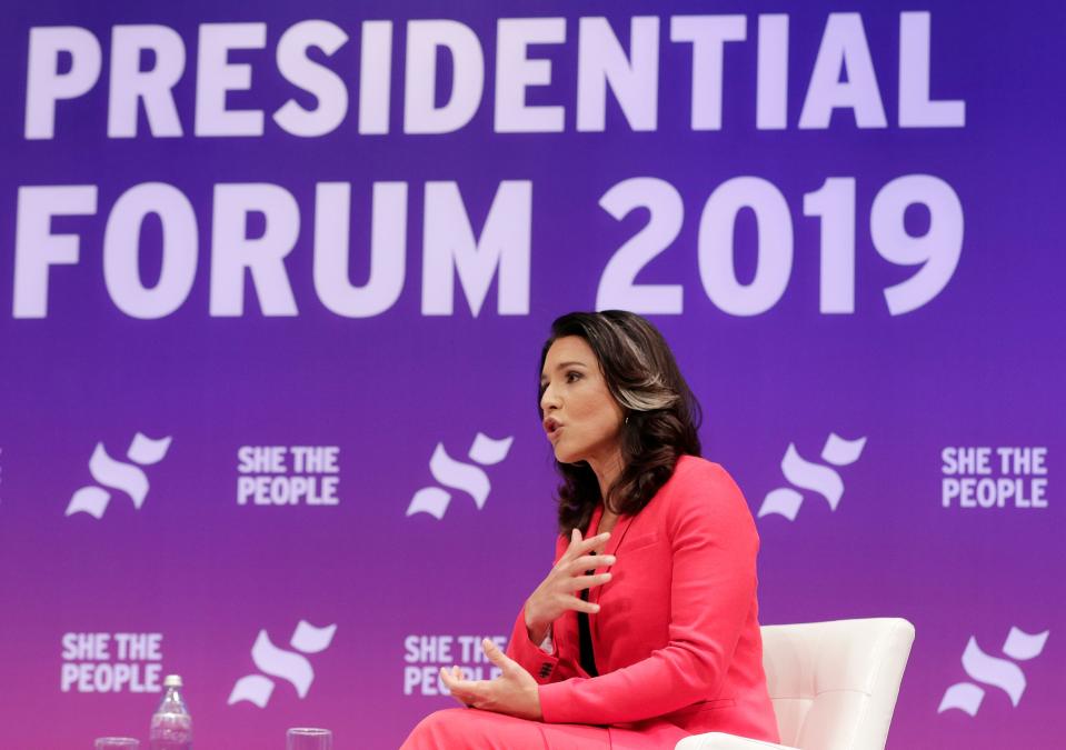 Democratic presidential candidate Rep. Tulsi Gabbard, D-Hawaii, answers questions during a presidential forum held by She The People on the Texas State University campus Wednesday, April 24, 2019, in Houston.