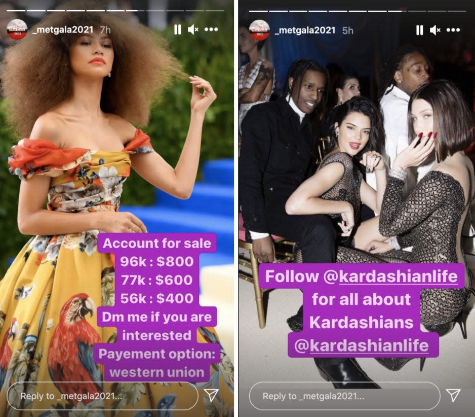 The "@_metgala2021" Instagram account appeared to start advertising for other pages, which the account says are for sale.