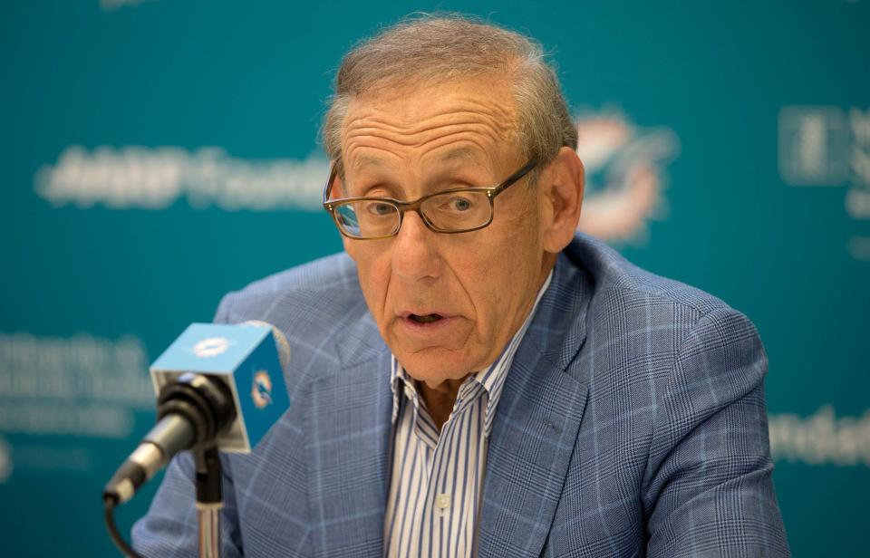 Miami Dolphins owner Stephen Ross addresses the media at Baptist Health Training Facility at Nova Southeastern University in Davie, Florida on July 27, 2017.