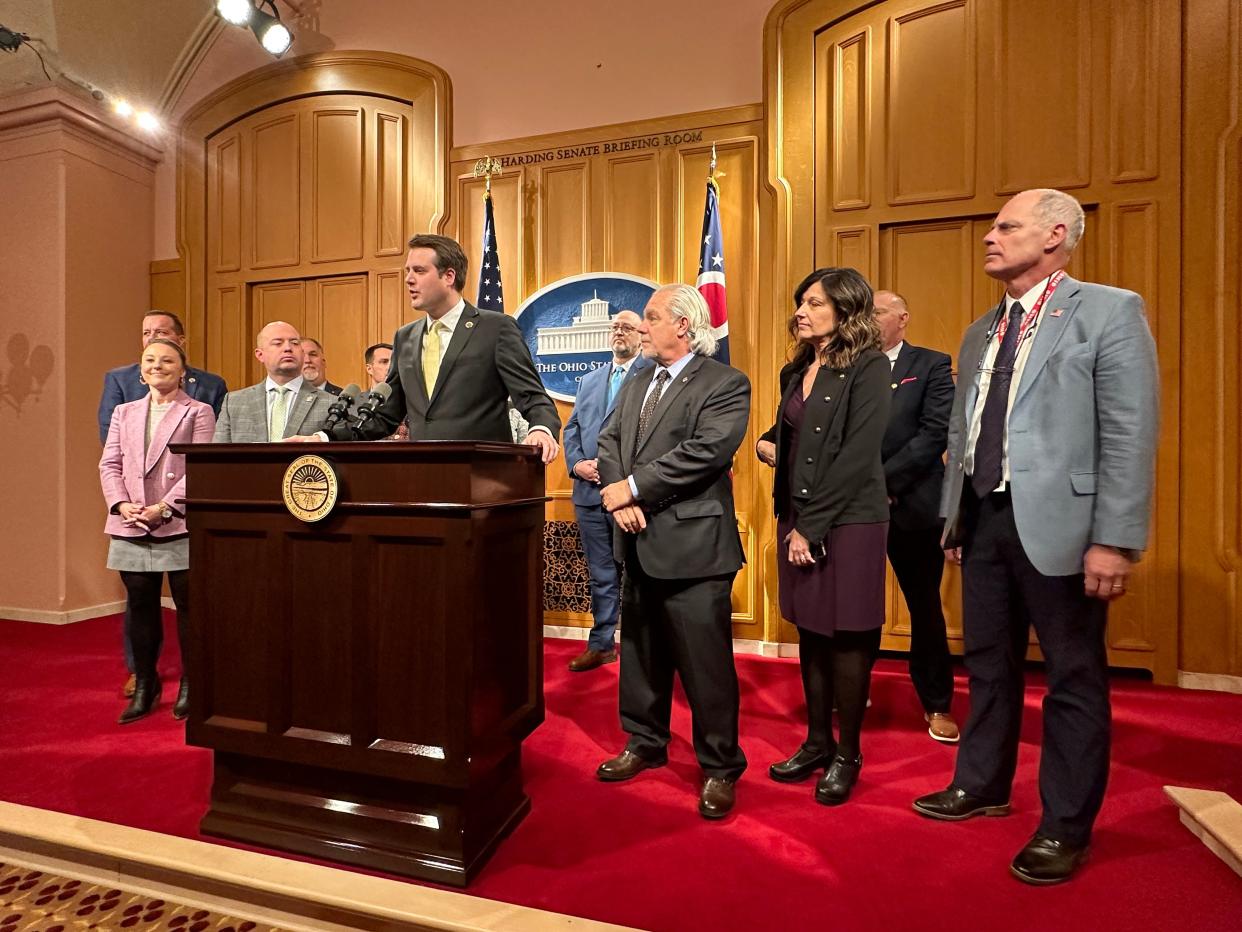 Rep. Derek Merrin, R-Monclova Township, introduces his ethics reform bill at the Ohio statehouse on January 18, 2023.