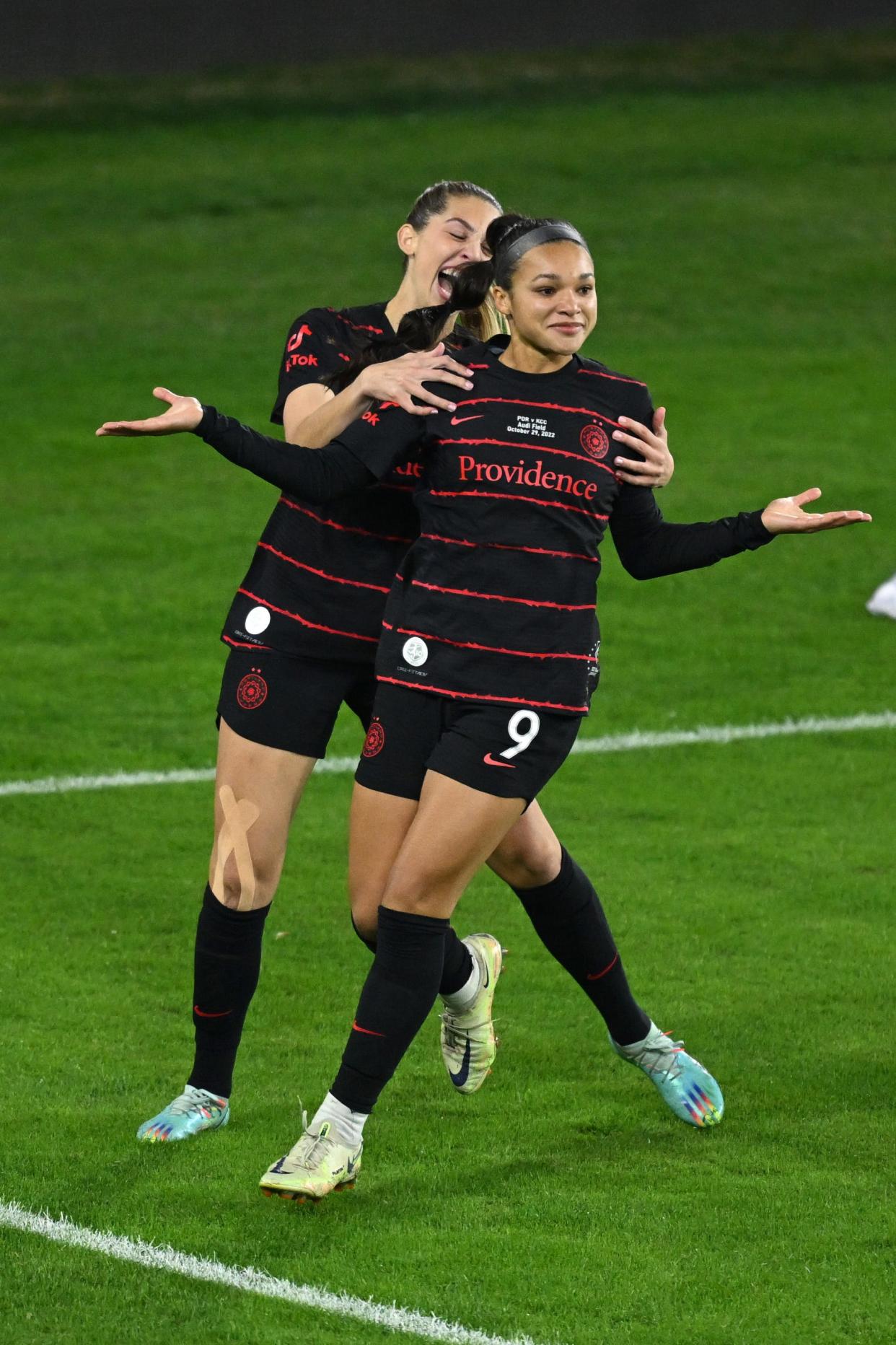 Forward Sophia Smith (9) celebrates a goal for Portland Thorns FC. She is poised for a breakout World Cup debut as part of the USWNT roster for the 2023 tournament that begins July 20 in Australia and New Zealand.