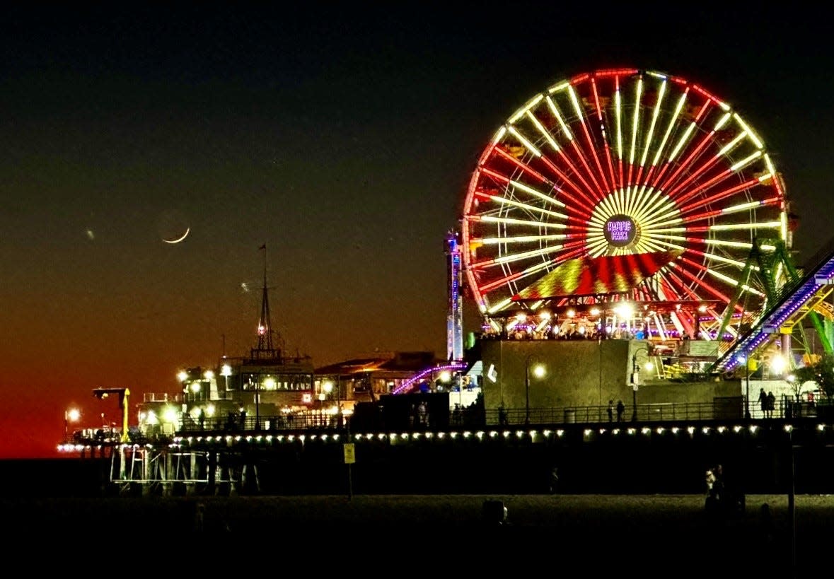The Santa Monica Pier, in Santa Monica, California, 16 miles from downtown Los Angeles. Santa Monica is the end of Route 66.