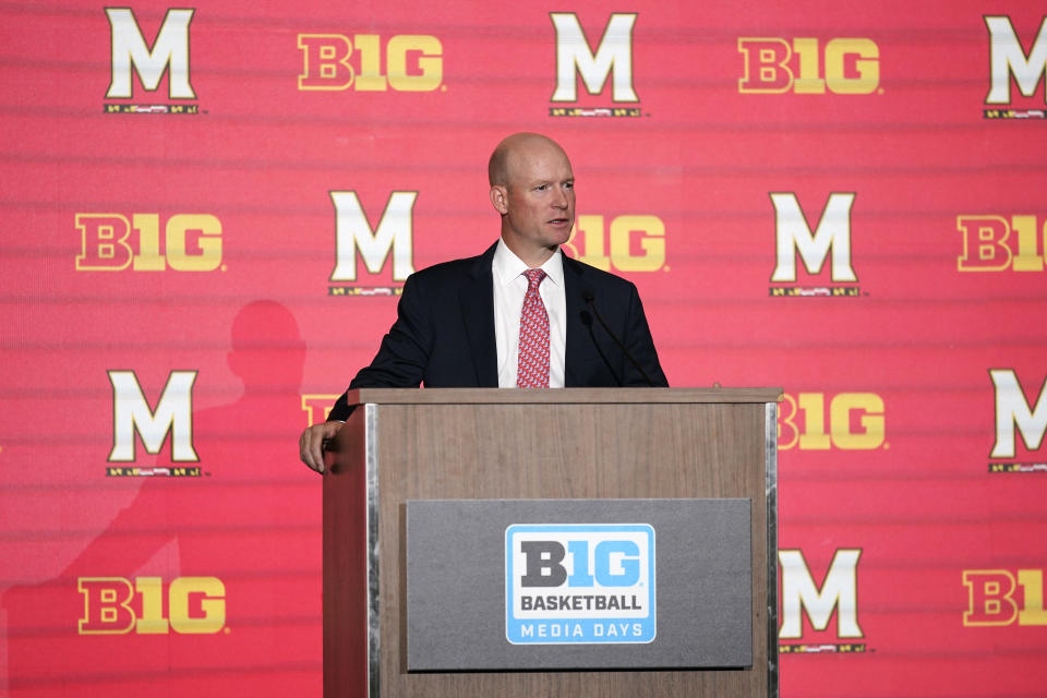 Maryland men's head coach Kevin Willard speaks during Big Ten NCAA college basketball Media Days Tuesday, Oct. 11, 2022, in Minneapolis. (AP Photo/Abbie Parr)