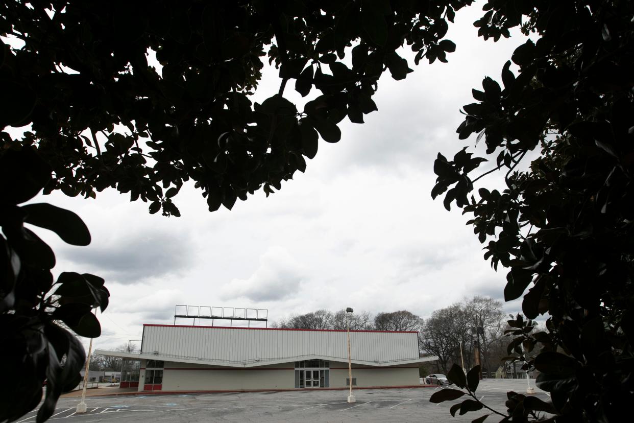 The former Varsity location in Athens, Ga., on Friday, March 8, 2024. The redevelopment plan for the location plans to save giant old magnolia trees.