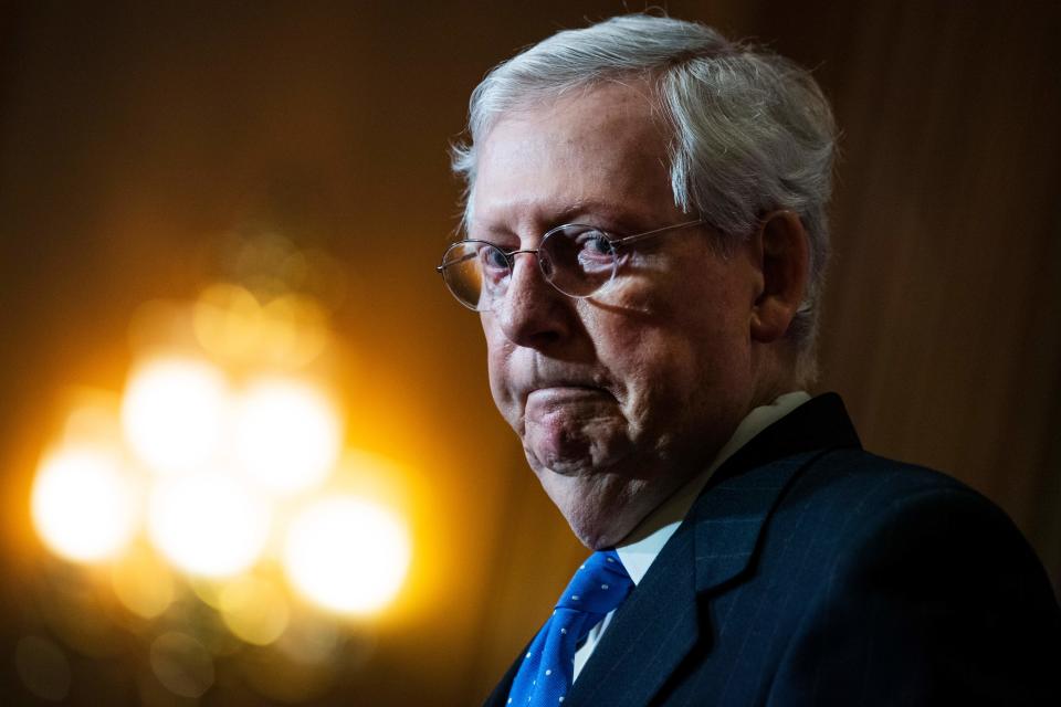 Senate Majority Leader Mitch McConnell (R-KY) speaks to reporters after the Senate Republican Policy luncheon on Capitol Hill in Washington, DC on December 1, 2020. (Photo by Tom Williams / POOL / AFP) (Photo by TOM WILLIAMS/POOL/AFP via Getty Images)