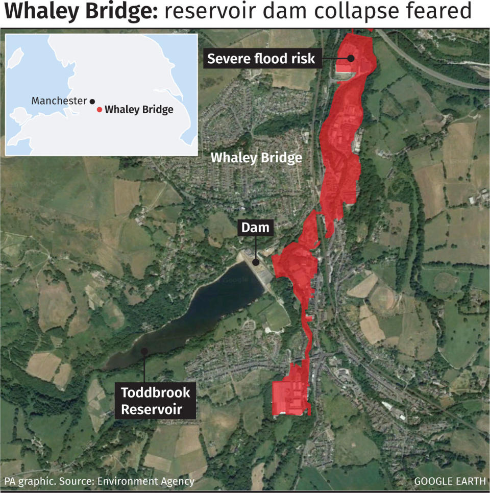 Graphic locates Toddbrook Reservoir dam in Whaley Bridge. See story WEATHER Rain Reservoir. Infographic PA Graphics