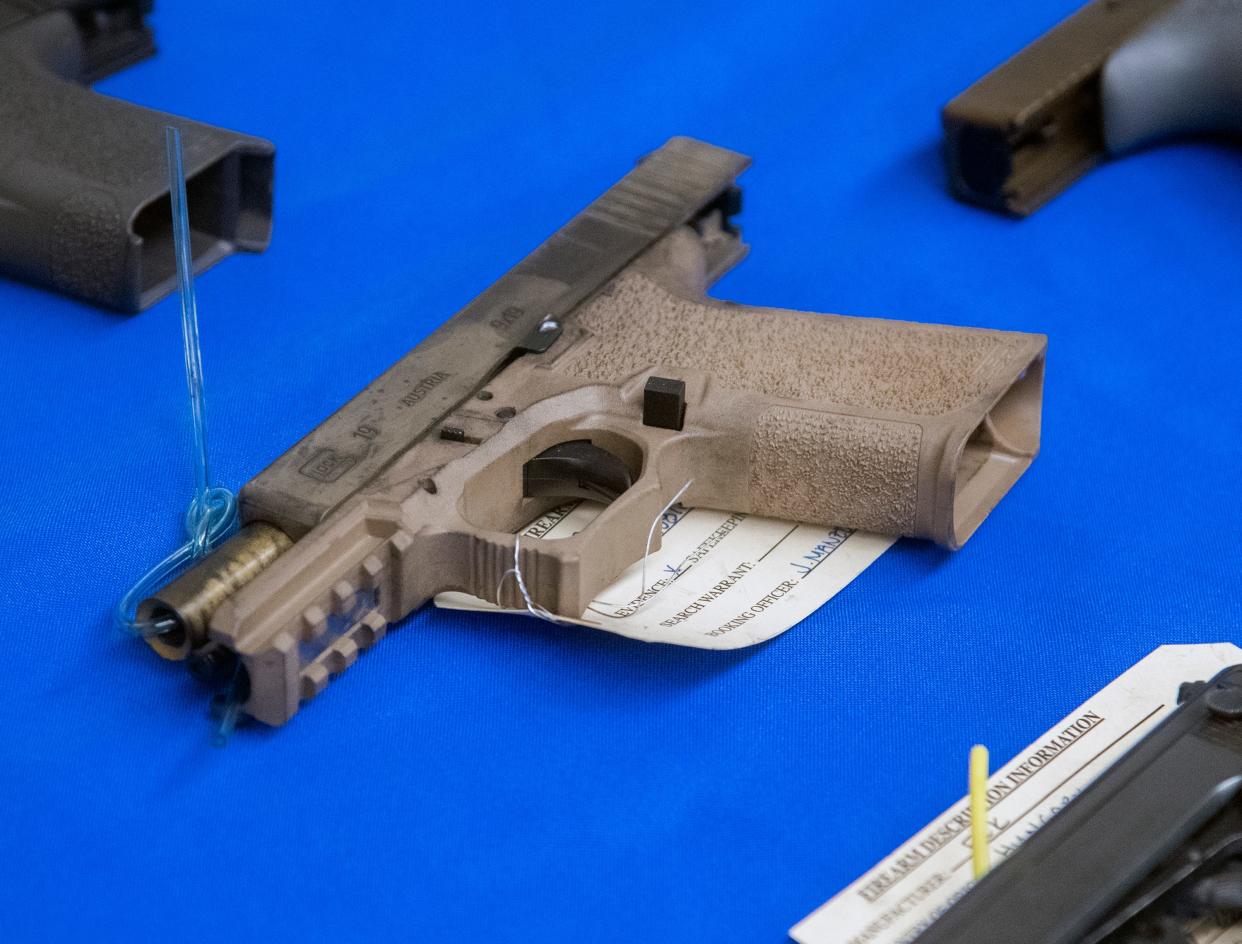 A "ghost gun" on display at a press conference at the Stockton Police Department held concerning results of Operation Hybrid Havoc which targeted guns and gangs in the Stockton area. Prosecutors allege a ghost gun was used to carry out three connected homicides that have occurred in Stockton since August.