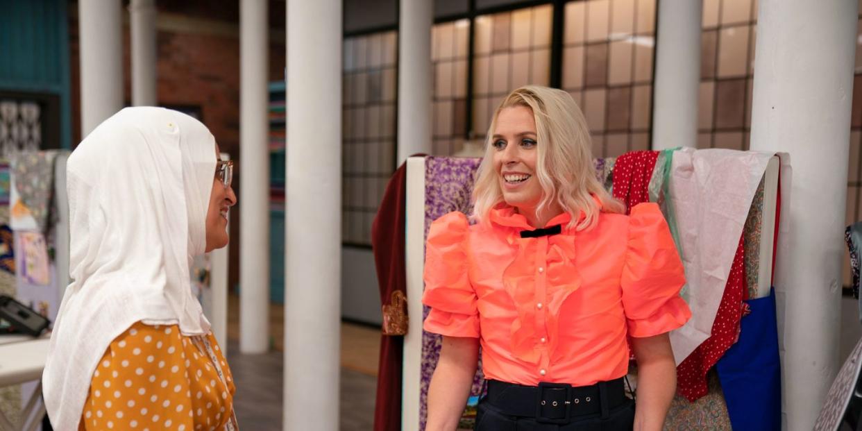 the great british sewing bee s9,1,asmaa, sara pascoe,asmaa with presenter sara pascoe,love productions,james stack