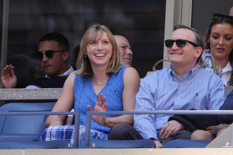 US swimmer Katie Ledecky watches USA's Emma Navarro and Spain's Paula Badosa during their women's quarterfinals match on day nine of the US Open tennis tournament at the USTA Billie Jean King National Tennis Center in New York City, on September 3, 2024. (Photo by TIMOTHY A. CLARY / AFP) (Photo by TIMOTHY A. CLARY/AFP via Getty Images) ORG XMIT: 776152834 ORIG FILE ID: 2169460775