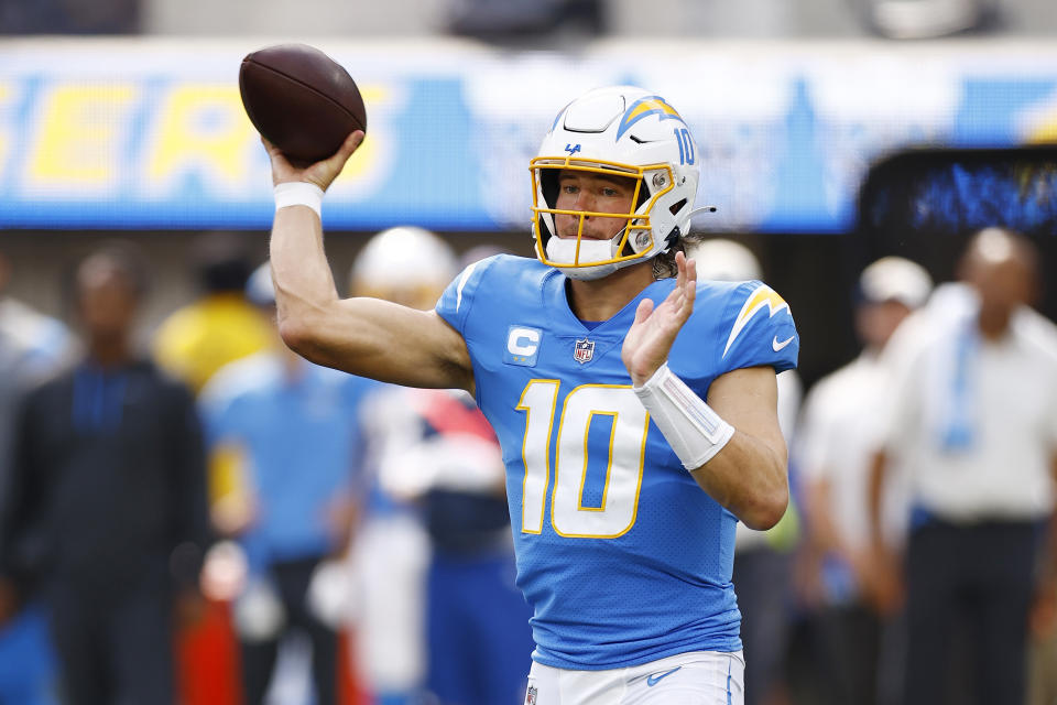 Justin Herbert and the Los Angeles Chargers are hosting the Denver Broncos to close out NFL Week 6. (Photo by Ronald Martinez/Getty Images)