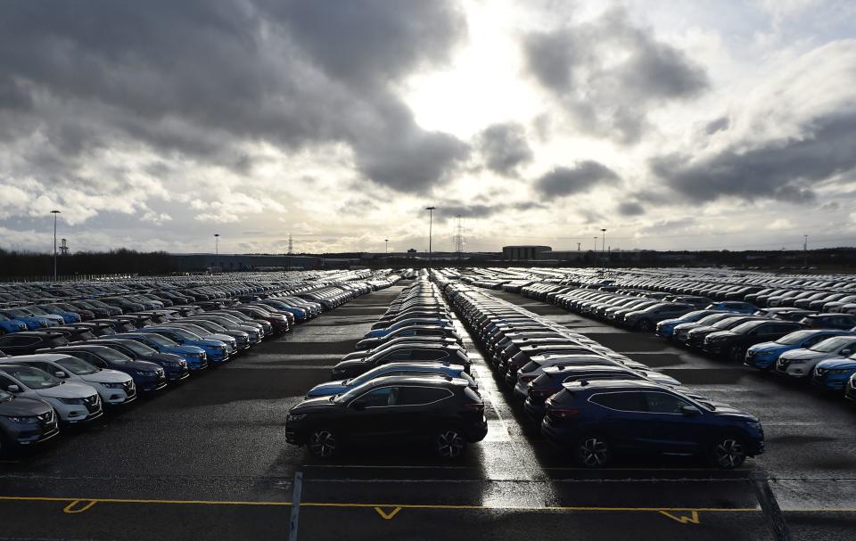 Nissan cars are pictured, parked in a lot at its' Sunderland plant in north east England on March 16, 2019. - Carmakers are facing fallout from Britain's decision to leave the European Union, a Chinese economic slowdown and from Beijing's ongoing trade row with the United States. (Photo by ANDY BUCHANAN / AFP)        (Photo credit should read ANDY BUCHANAN/AFP/Getty Images)