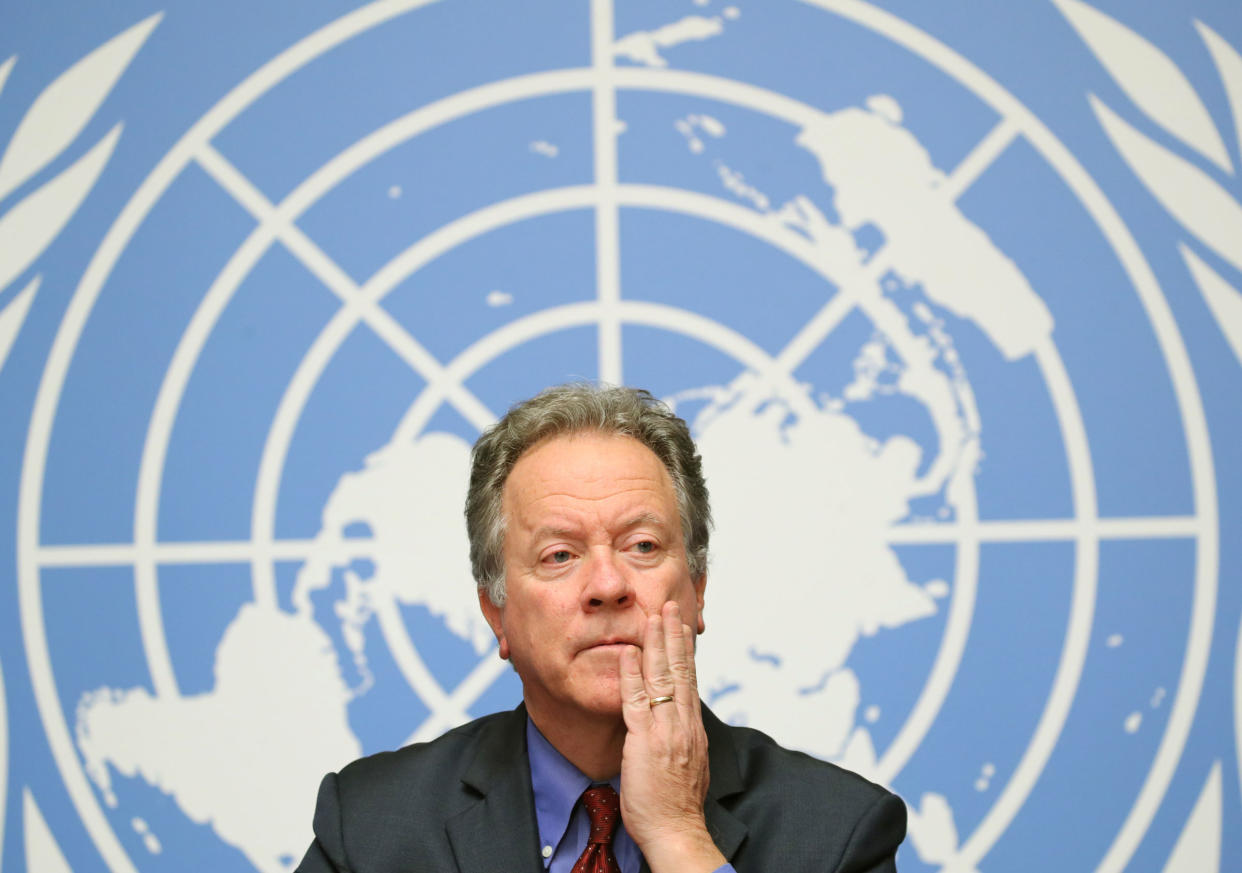 WFP Executive director Beasley attends a news conference in Geneva