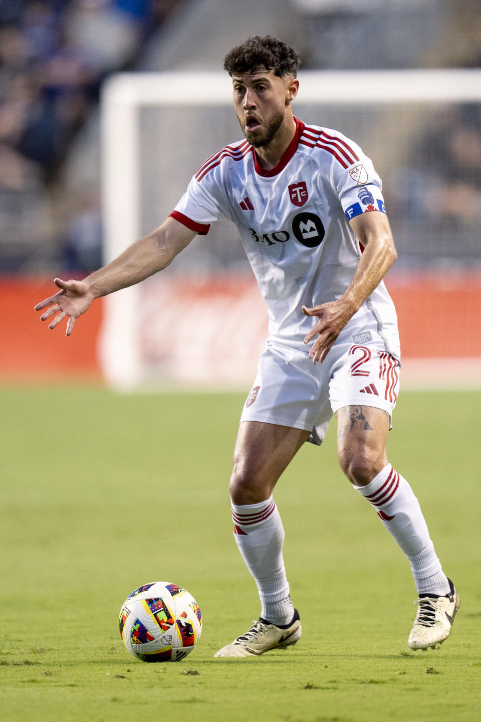 Toronto FC's Jonathan Osorio controls the ball during the first half of the team's MLS soccer match against the Philadelphia Union, Wednesday, May 29, 2024, in Chester, Pa. (AP Photo/Chris Szagola)