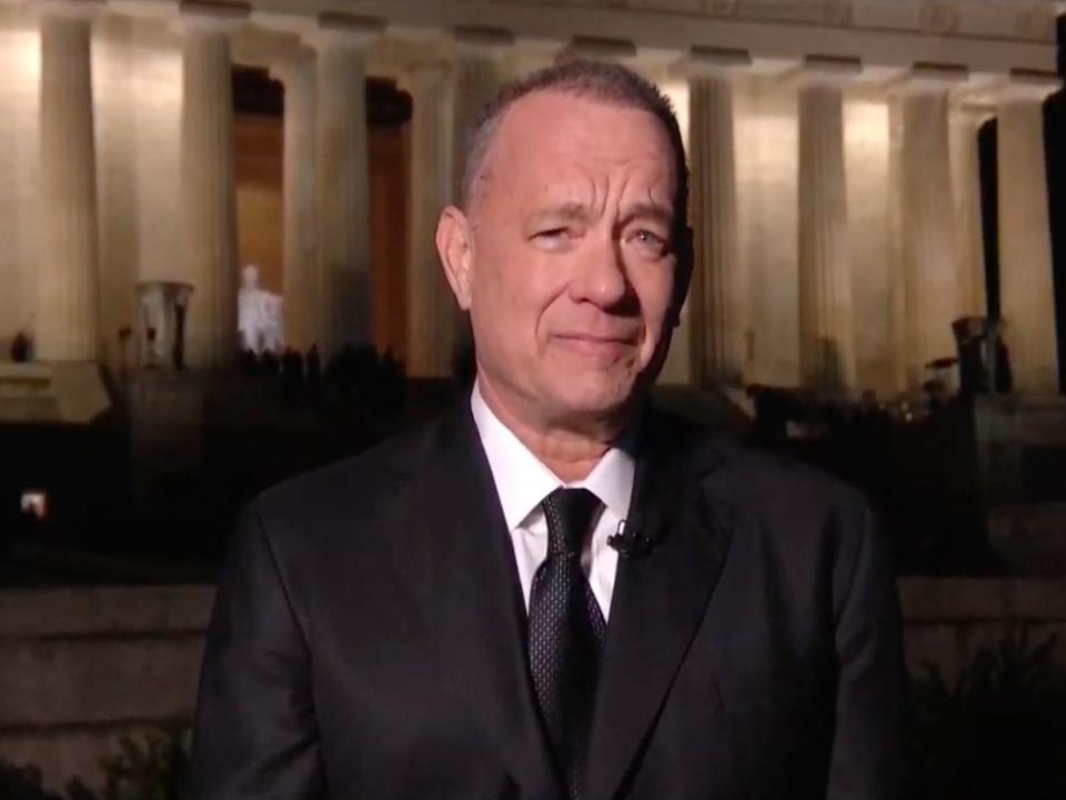 n this screengrab, Tom Hanks speaks during the Celebrating America Primetime Special on January 20, 2021. The livestream event hosted by Tom Hanks features remarks by president-elect Joe Biden and vice president-elect Kamala Harris and performances representing diverse American talent.