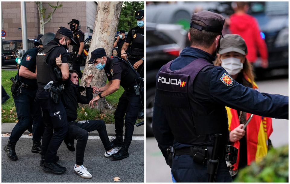 Policías detienen a un manifestante en las protestas de Vallecas de este 24 de septiembre y un agente charla con una mujer que participaba en la concentración de Núñez de Balboa durante el confinamiento el pasado mes de mayo. (Foto: Marcos del Mazo / LightRocket / Getty Images / Jesus Hellin / Europa Press / Getty Images).