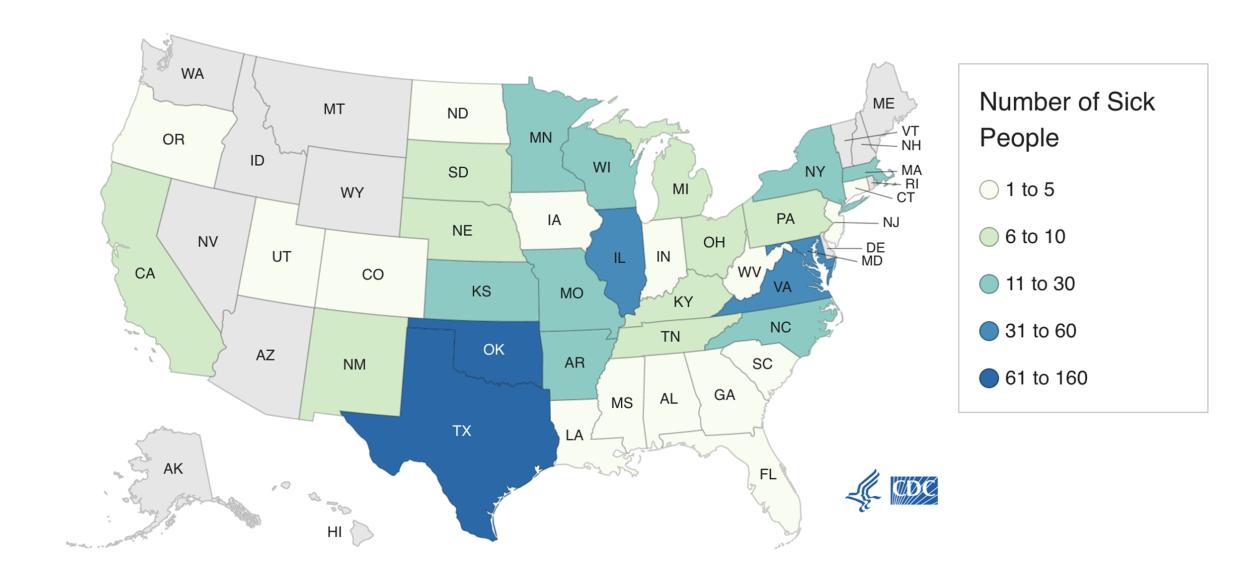 A map showing case numbers for a salmonella outbreak across the country. (CDC)
