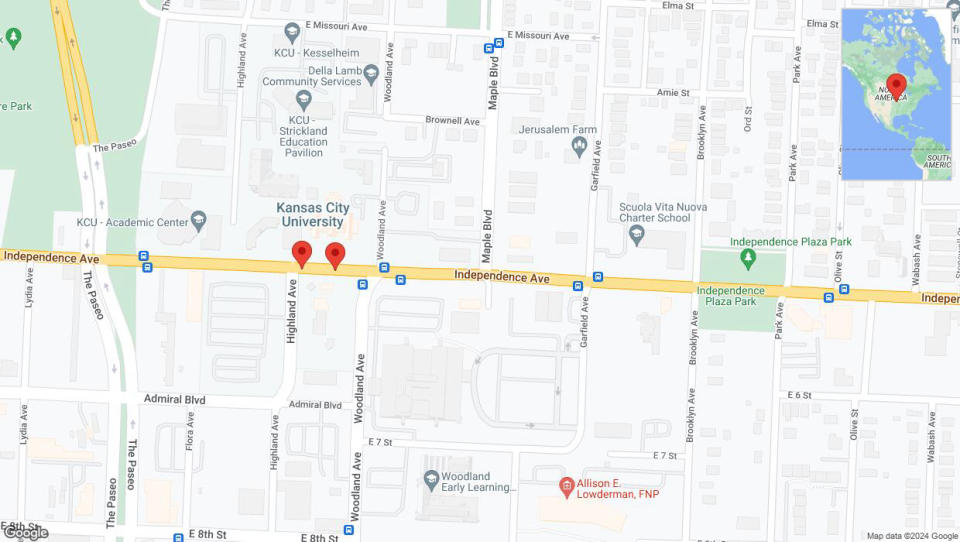 Un mapa detallado que muestra la carretera afectada debido a 'Independence Avenue/US-24 cerrada en Kansas City' el 7 de julio a las 5:49 p.m.