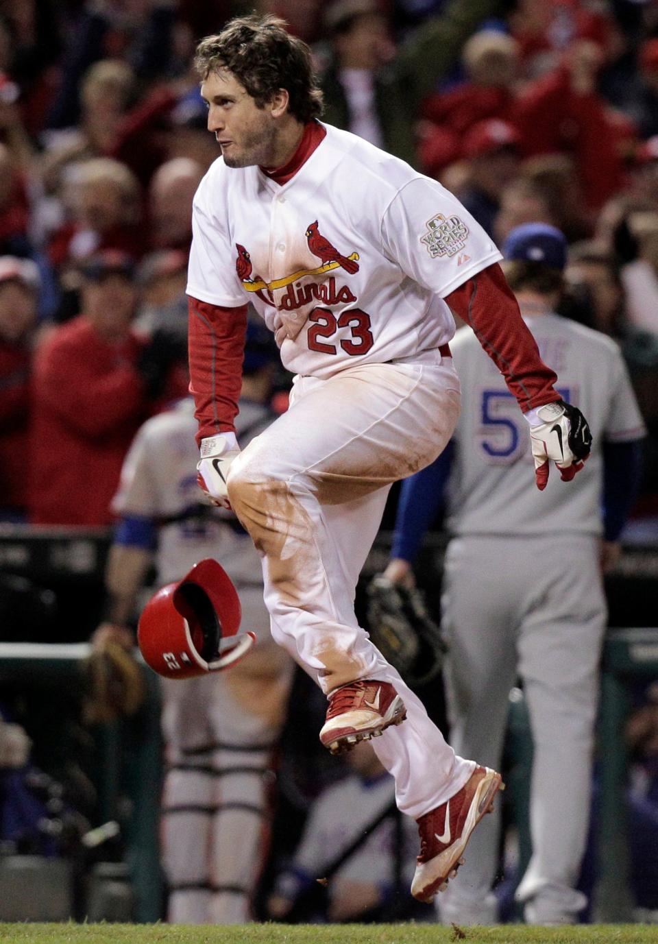 FILE- In this Oct.  27, 2011, file photo, St.  Louis Cardinals'  David Freese reacts after hitting a walk-off home run during the 11th inning of Game 6 of baseball's World Series against the Texas Rangers in St.  Louis.  Freese had only 184 regular-season games of experience when he became just the sixth player to win MVP of the LCS and World Series.  (AP Photo/Charlie Riedel, File)