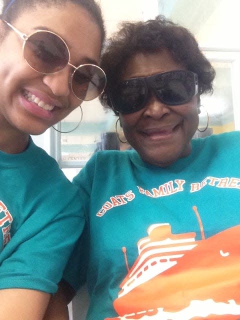 Charity Jackson with her grandmother, Annie Coats Jackson, during a family reunion cruise in 2013. The relatives wore matching T-shirts.