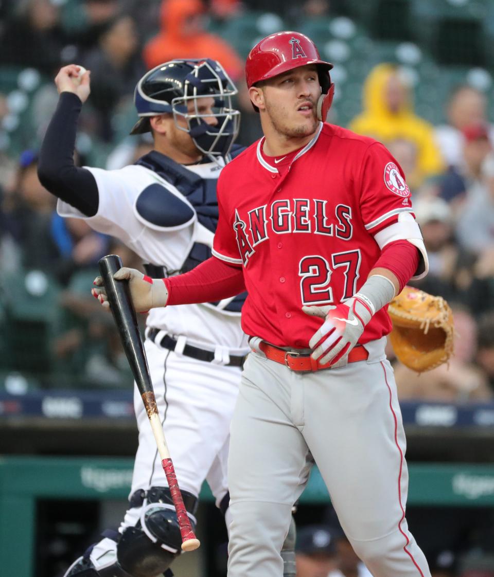 Angels center fielder Mike Trout is struck out by Tigers pitcher Matthew Boyd during the third inning of the Tigers' 10-3 win on Wednesday, May 8, 2019, at Comerica Park.