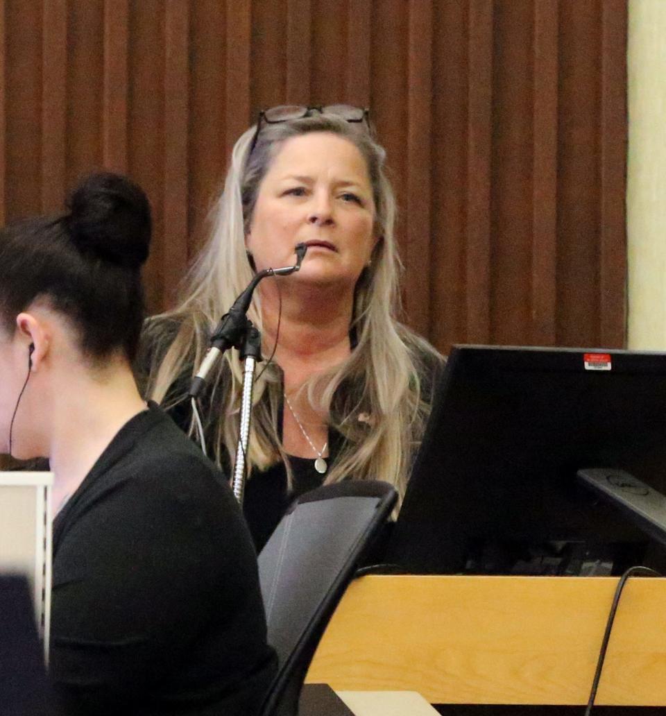 Erin Saxon, an investigator for the New Hampshire public defender's office, testified about text messages during the Timothy Verrill double murder trial in Strafford County Superior Court in Dover Tuesday, April 2, 2024.