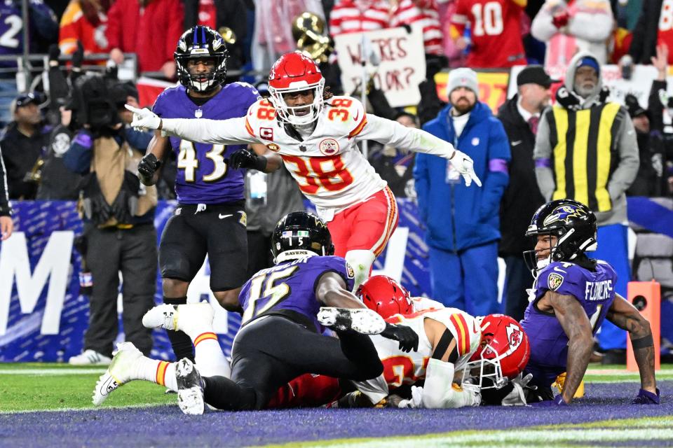 Kansas City Chiefs cornerback L'Jarius Sneed celebrates his tackle at the goal line and forced fumble, recovered by cornerback Trent McDuffie against the Baltimore Ravens during the second half in the AFC championship game in Baltimore, Jan. 28, 2024.