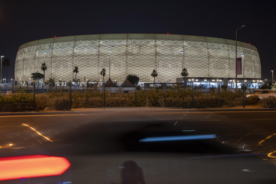 A general view of the Al Thumama Stadium in Doha, Qatar, Monday, Dec. 6, 2021. Qatar has built eight stadiums for this World Cup and created an entire new city of Lusail where the final will be held. (AP Photo/Darko Bandic)