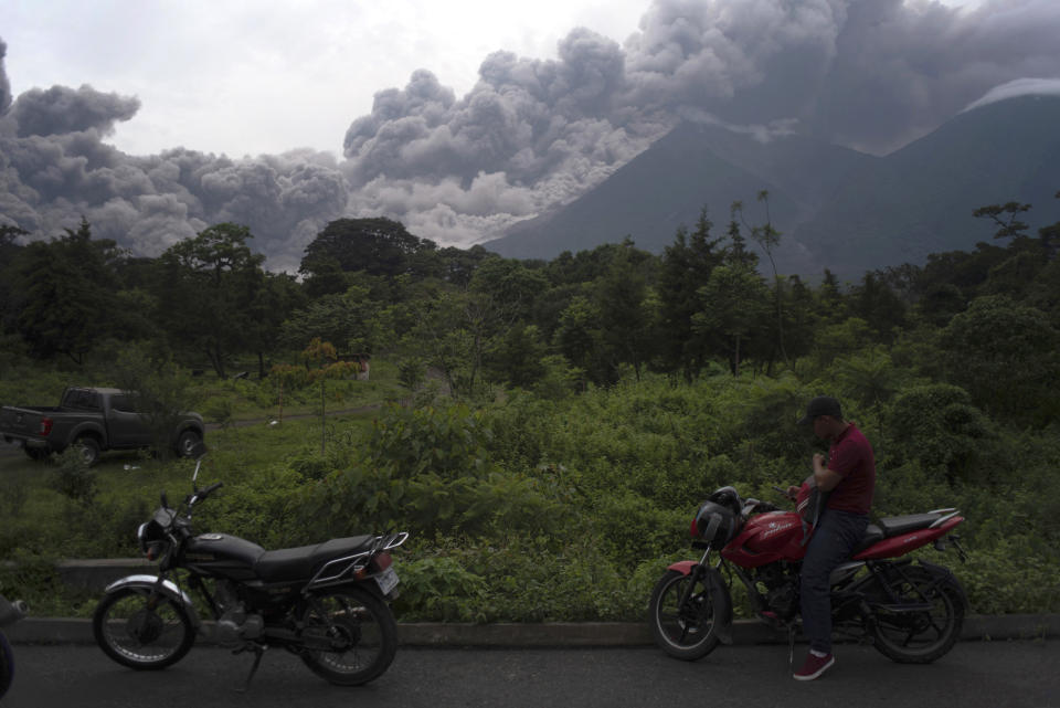<p>Volcan de Fuego, or Volcano of Fire, blows outs a thick cloud of ash, as seen from Alotenango, Guatemala, June 3, 2018. (Photo: Santiago Billy/AP) </p>