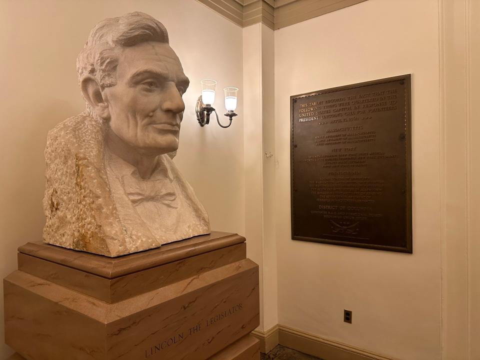 A plaque in the U.S. Capitol commemorates troops from Massachusetts, Pennsylvania, New York and Washington, D.C. who were quartered in the Capitol following President Lincoln's call for volunteers in April 1861.