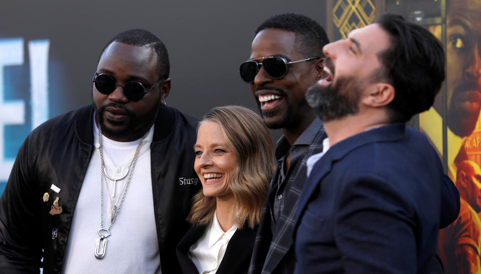 Cast members Jodie Foster, Brian Tyree Henry, Sterling K. Brown and director Drew Pearce pose at the premiere for the movie Hotel Artemis in Los Angeles (REUTERS/Mario Anzuoni)