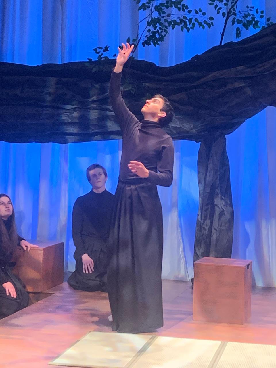 Irene Cornett, left, Erik Kaiser and Tim Merkle rehearse a scene for the University of Notre Dame's production of Anton Juan's “TUKO! TUKO! Or Princess of the Lizard Moon” that opens April 19 and continues through April 23, 2023, at the DeBartolo Performing Arts Center.