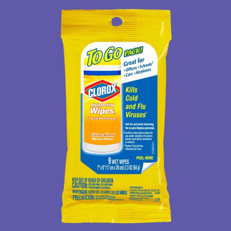 Johnson uses these convenient travel packs of Clorox wipes to disinfect her seat and tray table before sitting. These bleach-free wipes kill 99.9% of bacteria and viruses on surfaces as well as common allergens.You can buy the travel pack of Clorox disinfecting wipes from Walmart for around $7, or the 24-pack from Amazon for around $17. 